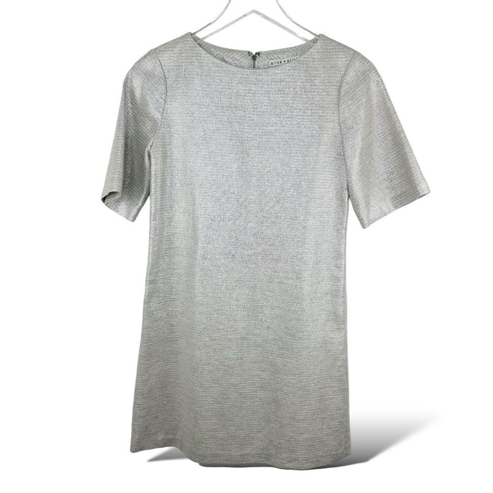 Alice+Olivia Short Sleeve Mini Cotton/Linen Sheath Dress Silver/Gold Size 2